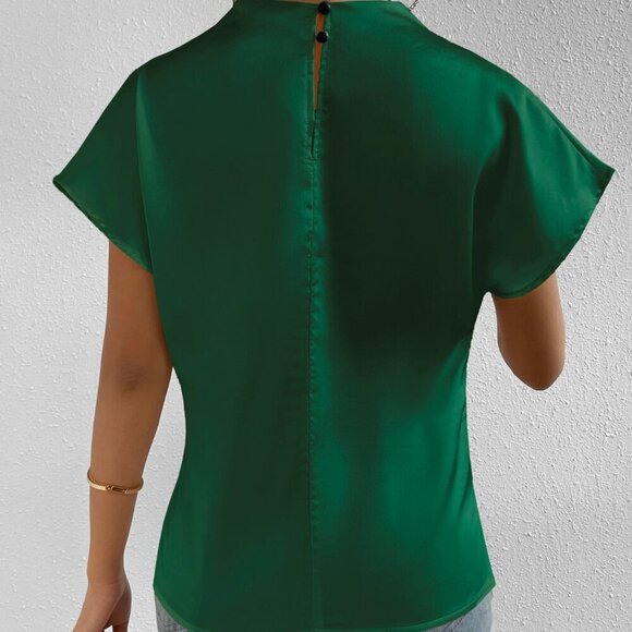 Green Party Women's Mock Neck Batwing Sleeve Satin Blouse - Picture 2 of 6